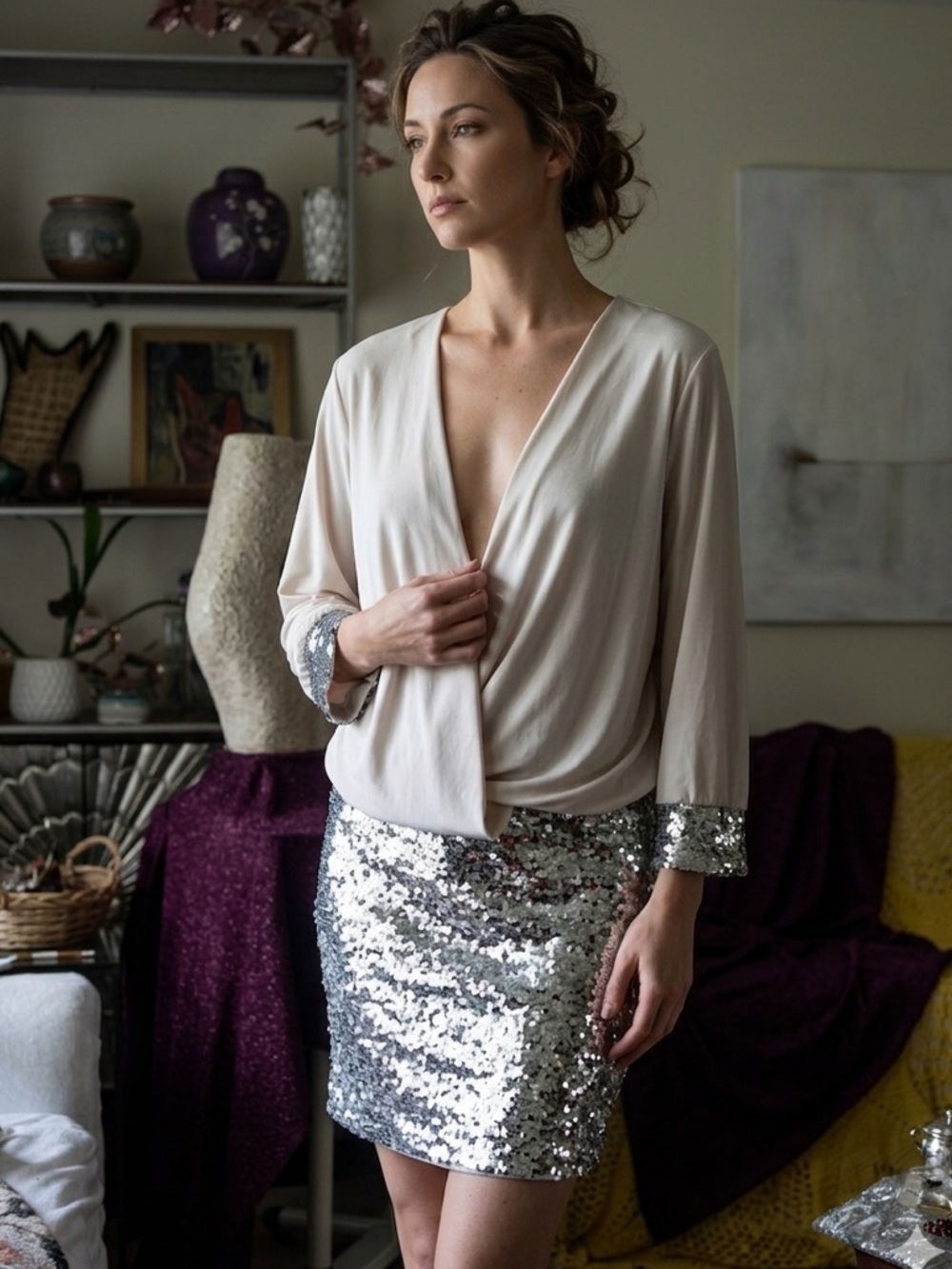 VENUS Cream & Silver Sequin Trim MIDI Dress Size Large